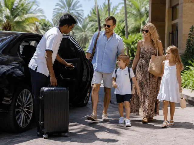 Travelers loading luggage into a vehicle